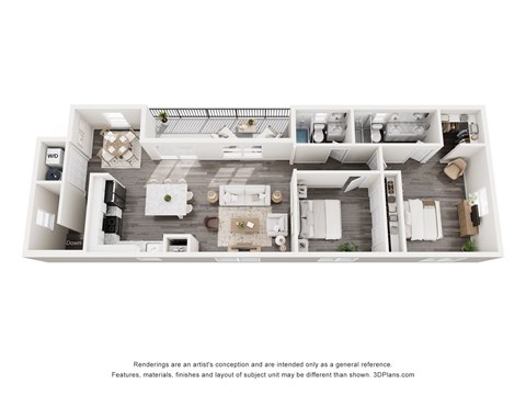 Floor plan for 2 beds, 2 baths, 1126 sqft